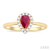 6x4 MM Pear Shape Ruby and 1/6 Ctw Round Cut Diamond Halo Precious Ring in 14K Yellow Gold